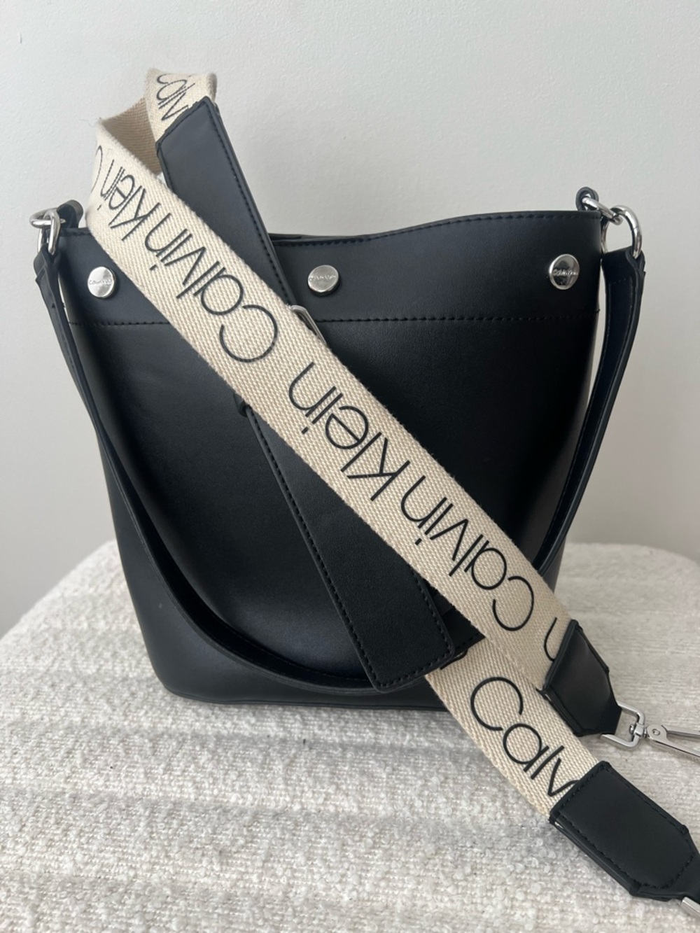 Calvin Klein Black Leather Shoulder Bucket Bag with Logo Canvas Strap (New)